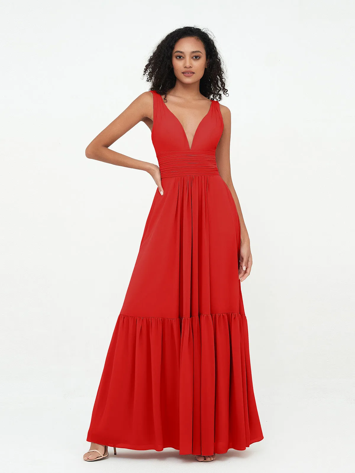 Deep-V Neck Chiffon Tiered Skirt Boho Dresses-Red Plus Size