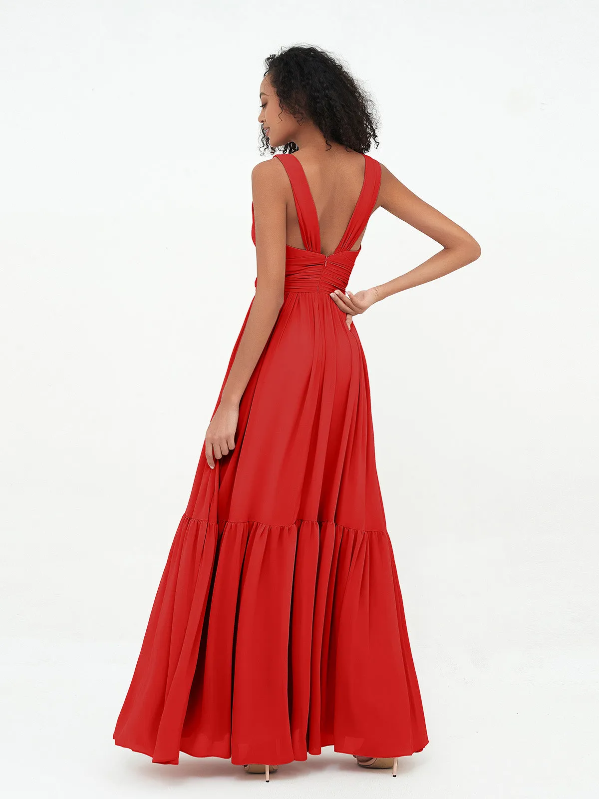 Deep-V Neck Chiffon Tiered Skirt Boho Dresses-Red Plus Size