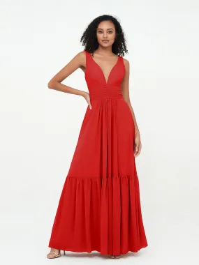 Deep-V Neck Chiffon Tiered Skirt Boho Dresses-Red Plus Size