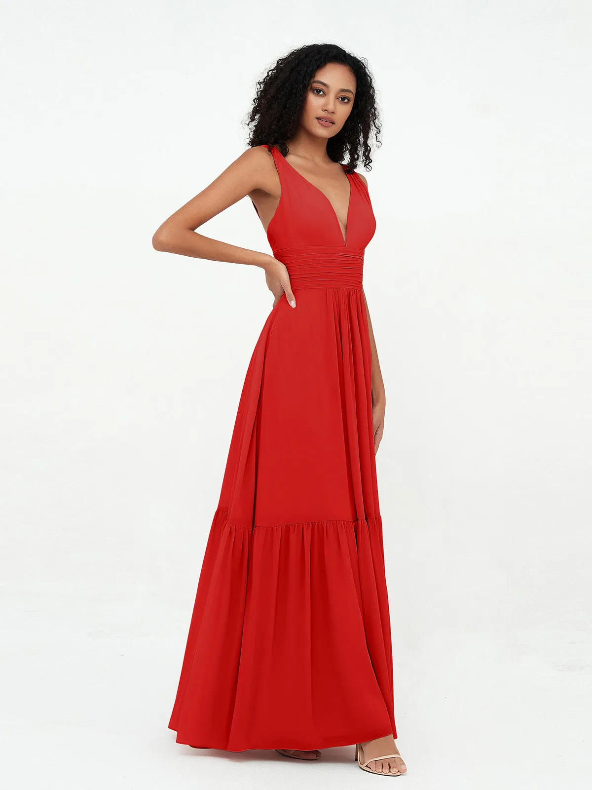 Deep-V Neck Chiffon Tiered Skirt Boho Dresses-Red Plus Size
