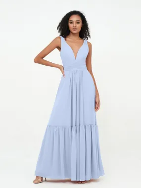 Deep-V Neck Chiffon Tiered Skirt Boho Dresses-Sky Blue