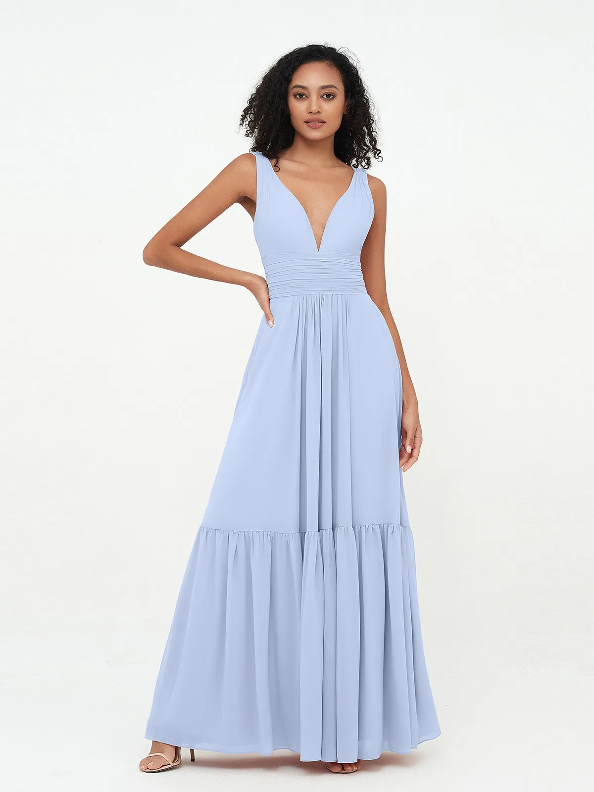Deep-V Neck Chiffon Tiered Skirt Boho Dresses-Sky Blue