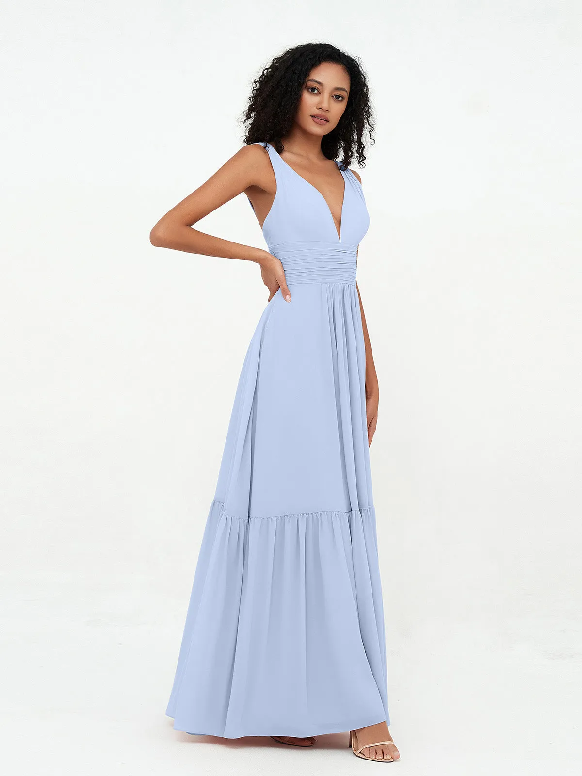 Deep-V Neck Chiffon Tiered Skirt Boho Dresses-Sky Blue