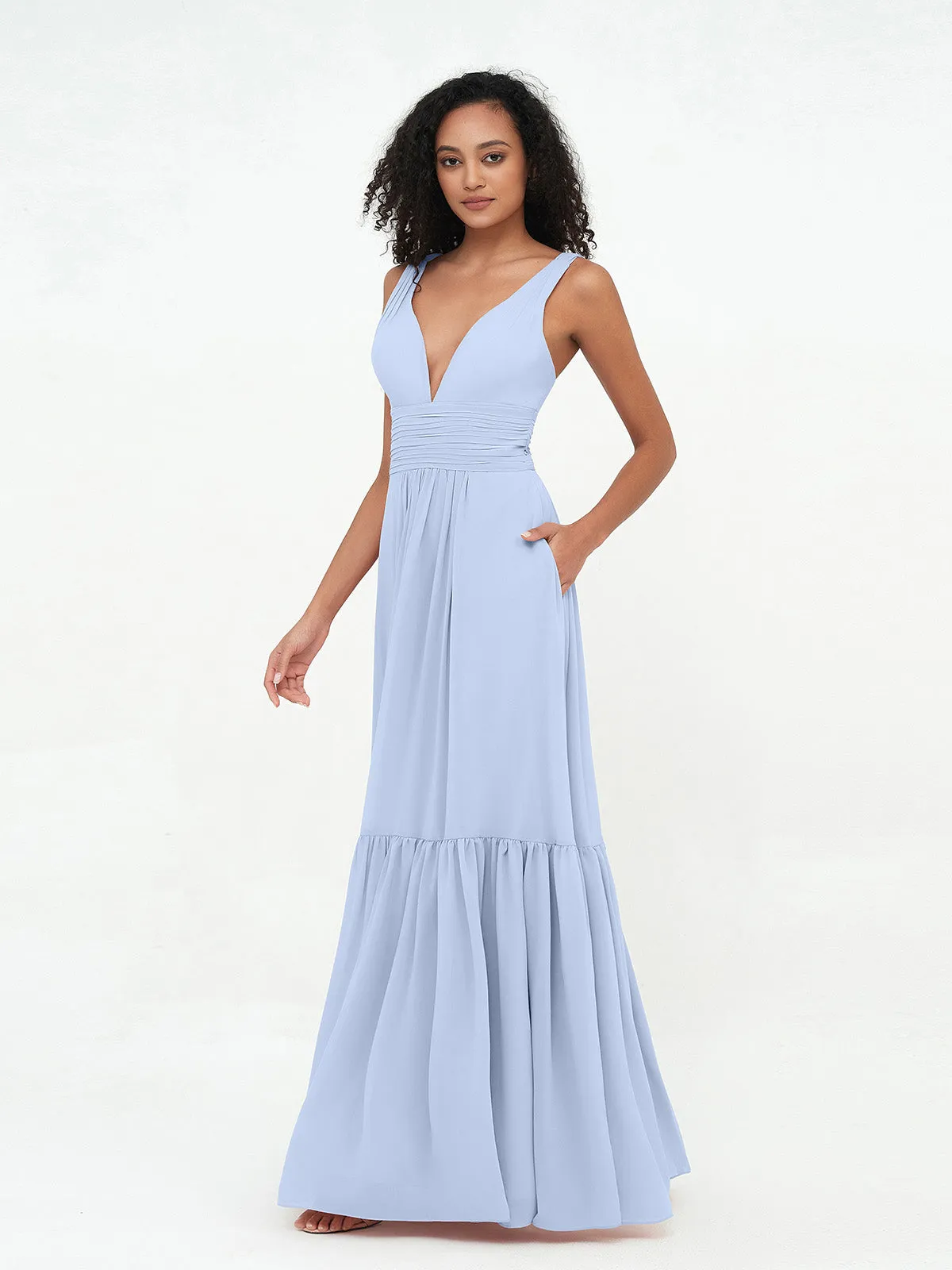 Deep-V Neck Chiffon Tiered Skirt Boho Dresses-Sky Blue