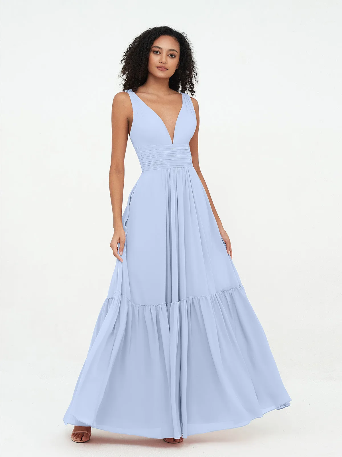 Deep-V Neck Chiffon Tiered Skirt Boho Dresses-Sky Blue