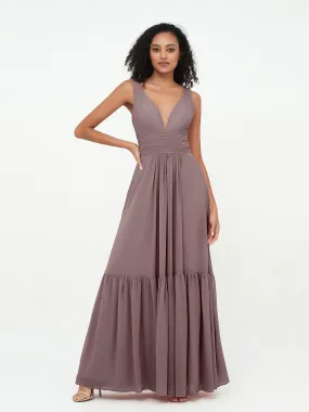 Deep-V Neck Chiffon Tiered Skirt Boho Dresses-Vintage Mauve