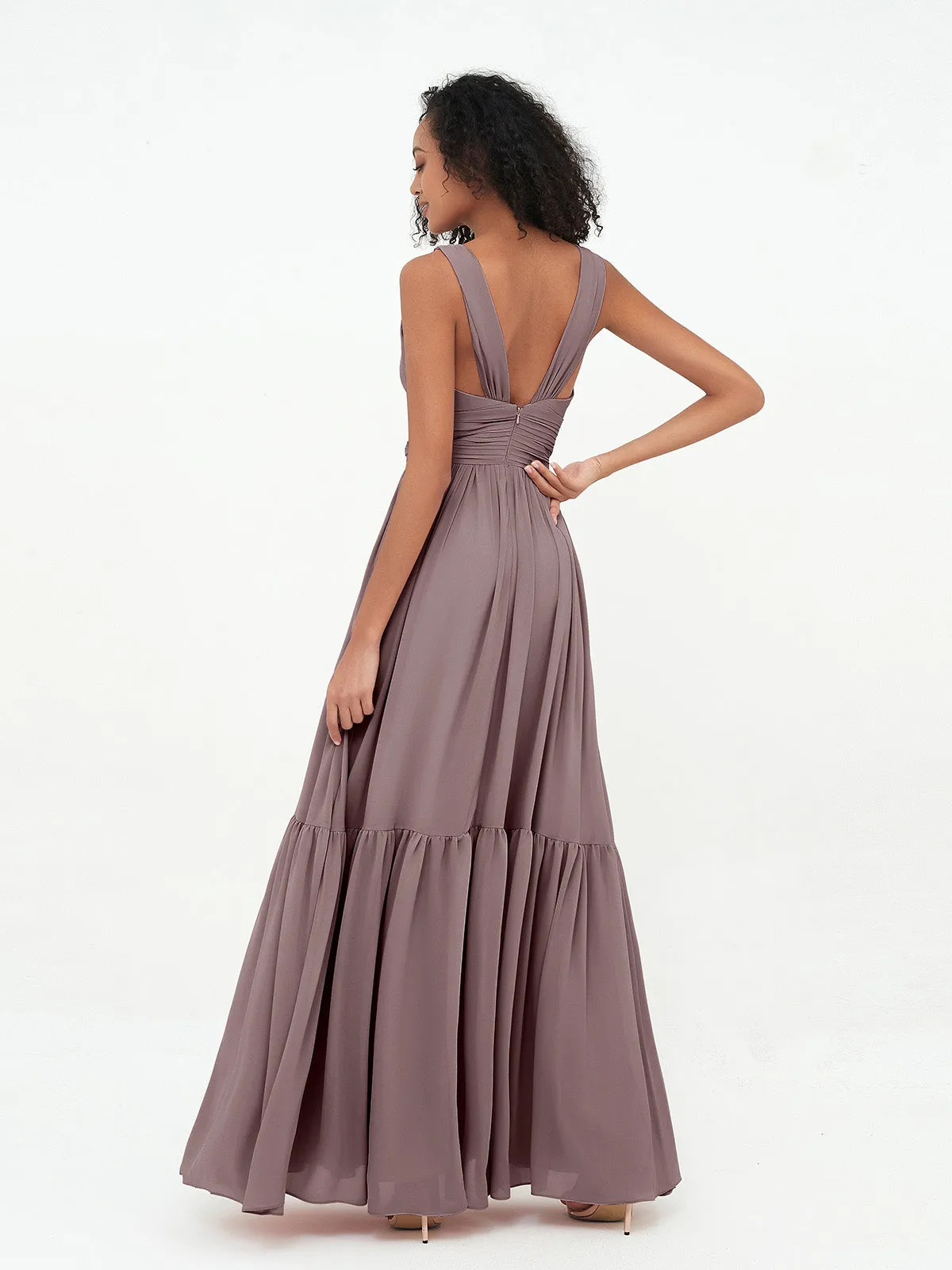 Deep-V Neck Chiffon Tiered Skirt Boho Dresses-Vintage Mauve