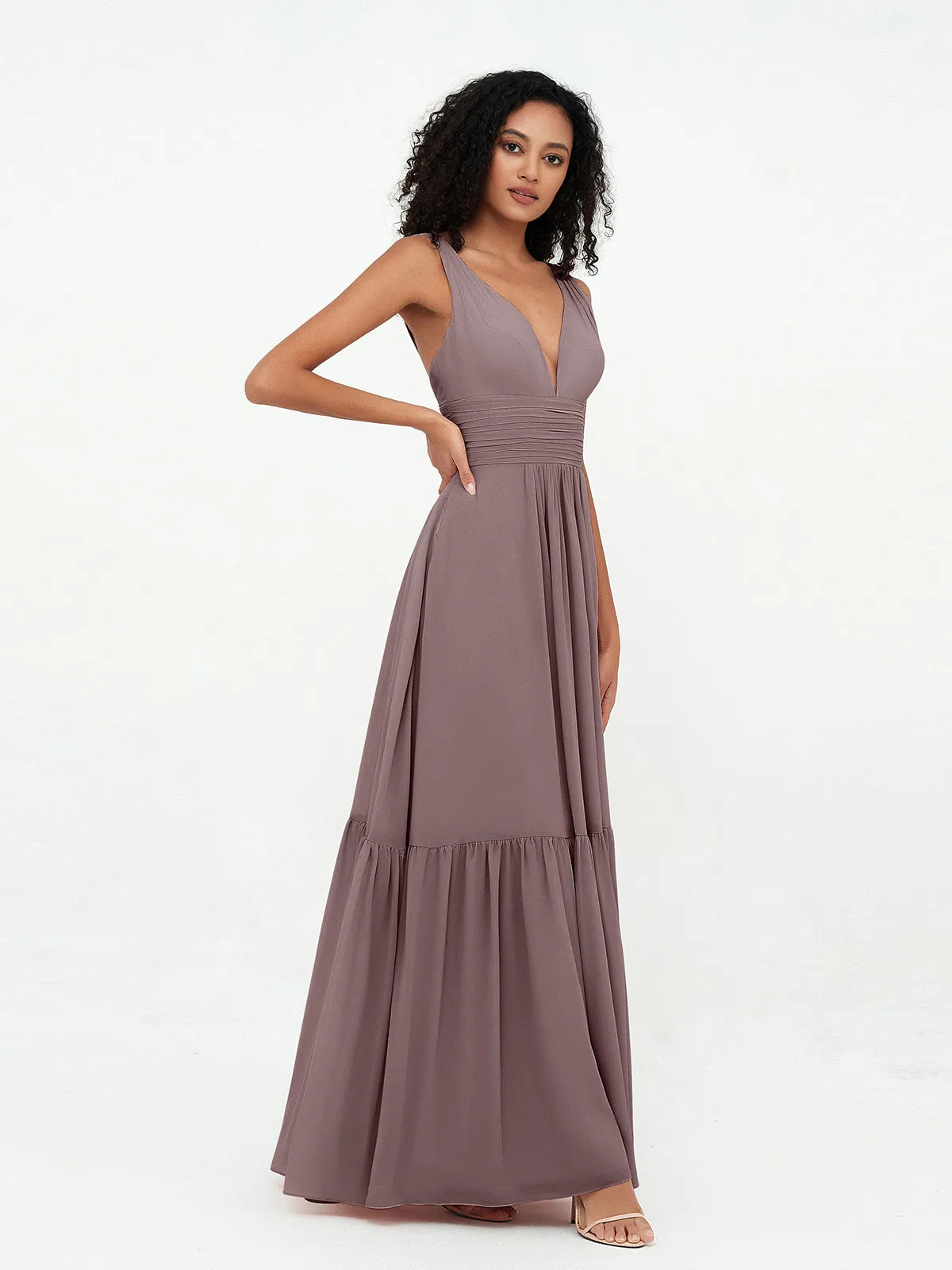 Deep-V Neck Chiffon Tiered Skirt Boho Dresses-Vintage Mauve