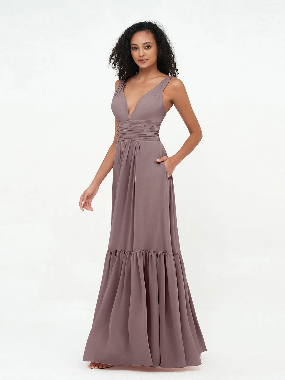Deep-V Neck Chiffon Tiered Skirt Boho Dresses-Vintage Mauve