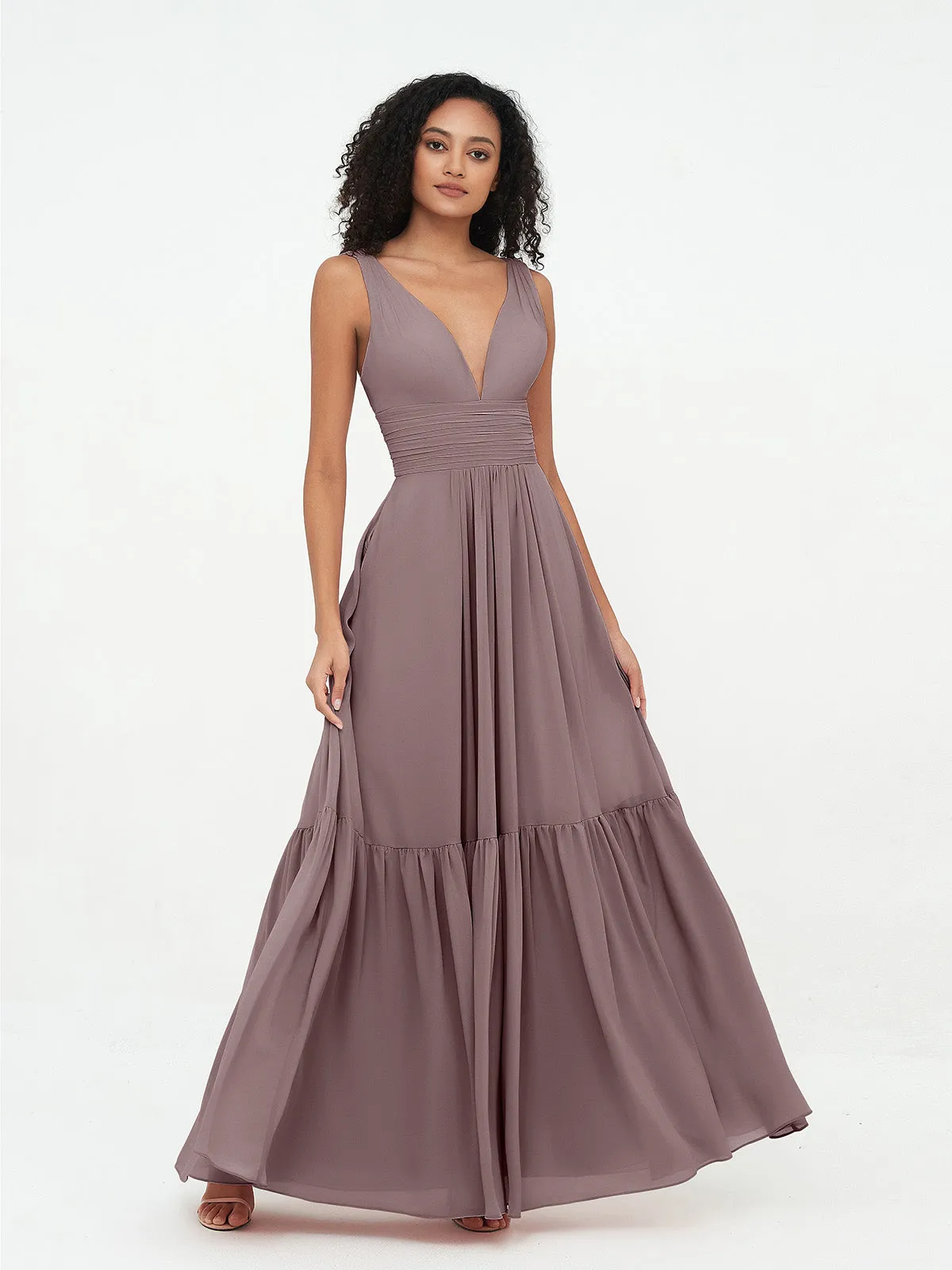 Deep-V Neck Chiffon Tiered Skirt Boho Dresses-Vintage Mauve