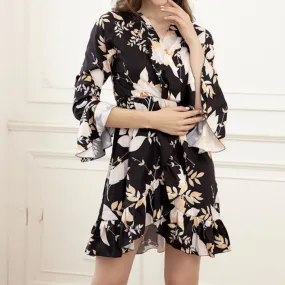 Deep V Printed Long Sleeve Women Dress Wholesale