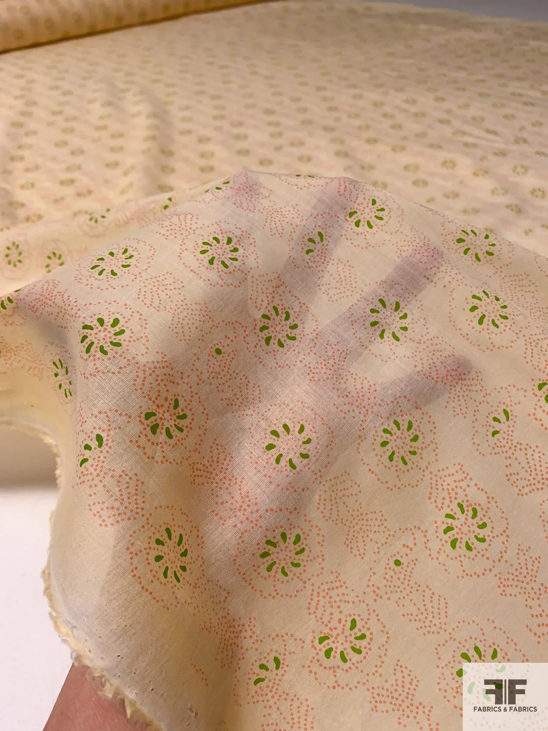 Dot Sketch Floral Printed Cotton Voile - Pastel Peach / Lime
