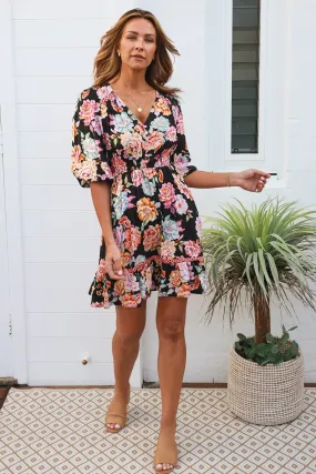Dreamcatcher Elastic Waist Short Dress Black Floral 8