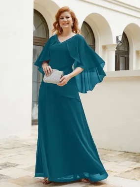 Dress Adorned with Beaded Elegance and Flutter Sleeves Ink Blue