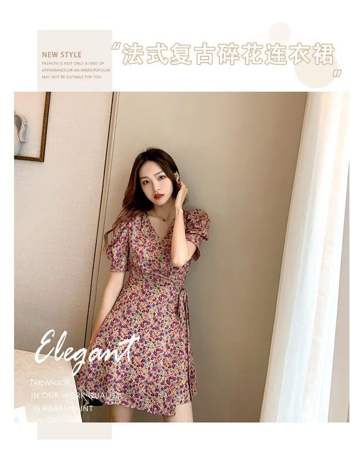Dress Women Summer Korean Fairy Look Slimming Floral A-Line INS Women Young Look Western Slim-Look Dress