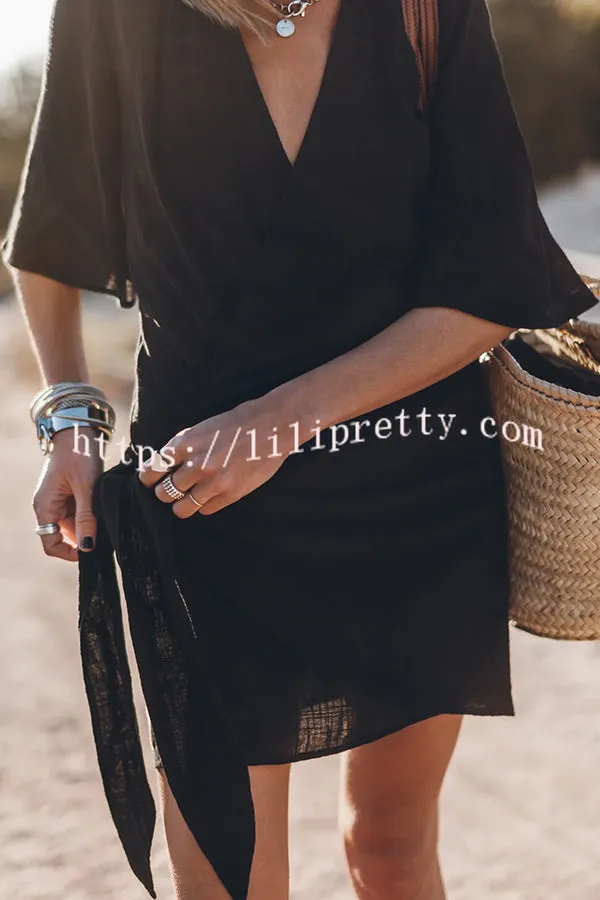 Easy Breezy Cotton Linen Blend Knotted Wrap Mini Dress