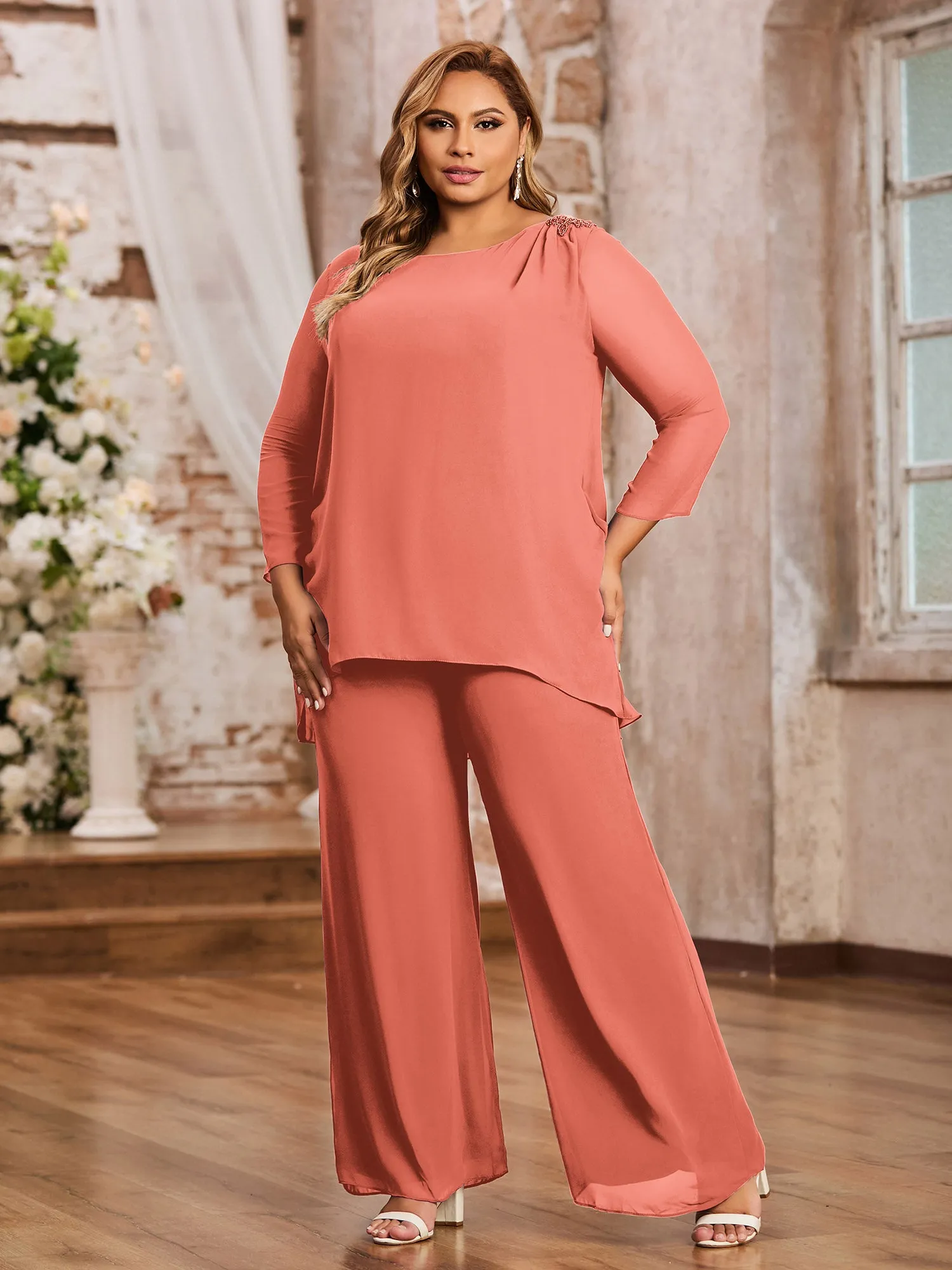 Elegant Chiffon Pant Suit with Long Sleeves-Sunset