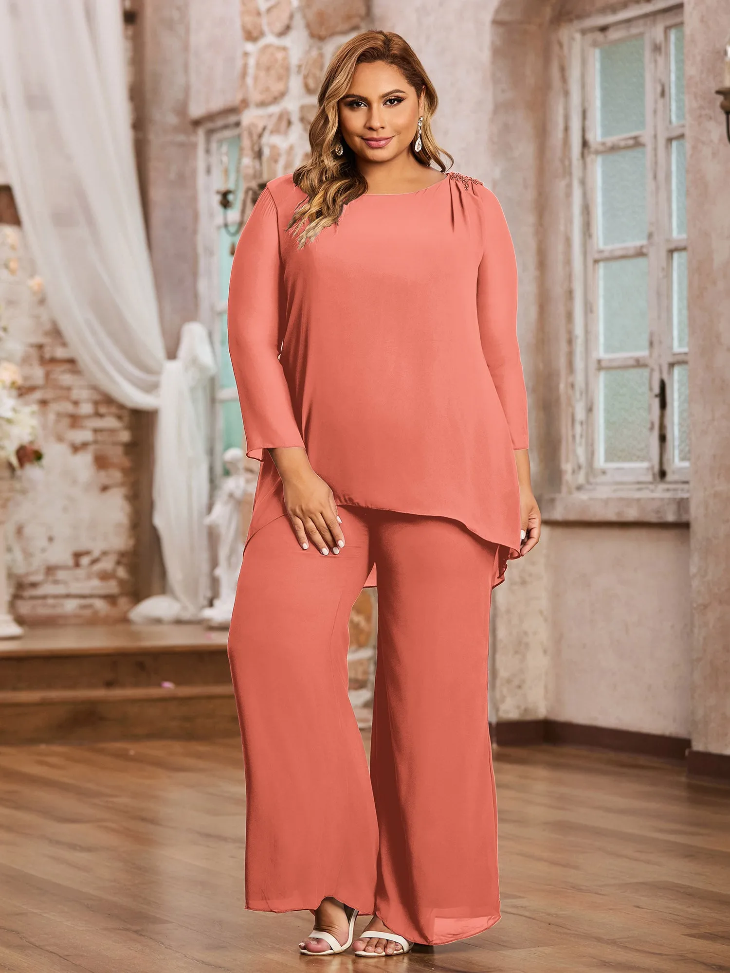 Elegant Chiffon Pant Suit with Long Sleeves-Sunset