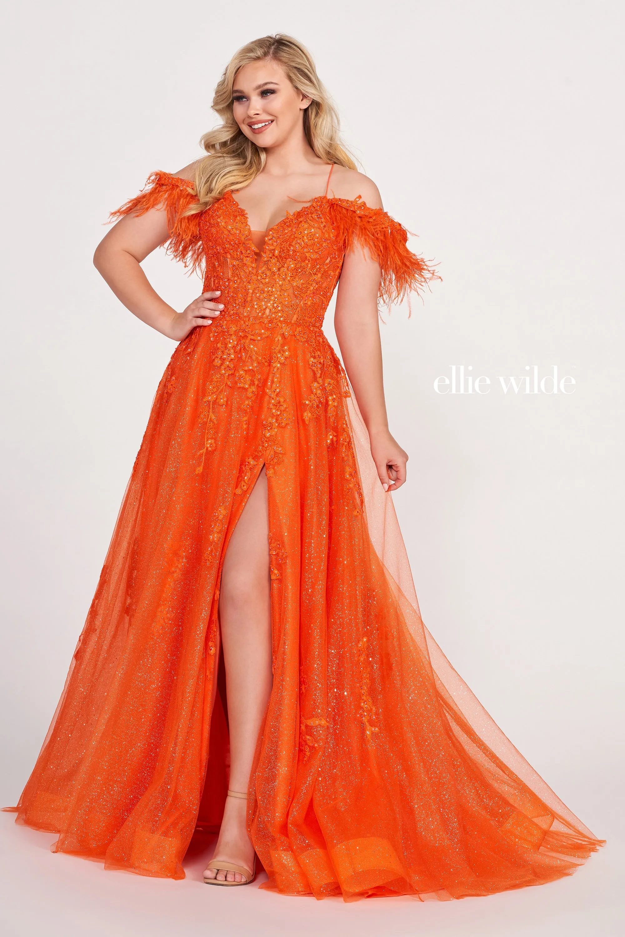 Ellie Wilde EW34066 Size 2 Periwinkle Long A Line Slit Shimmer Dress Sheer Sequin Corset Feather off the shoulder Gown