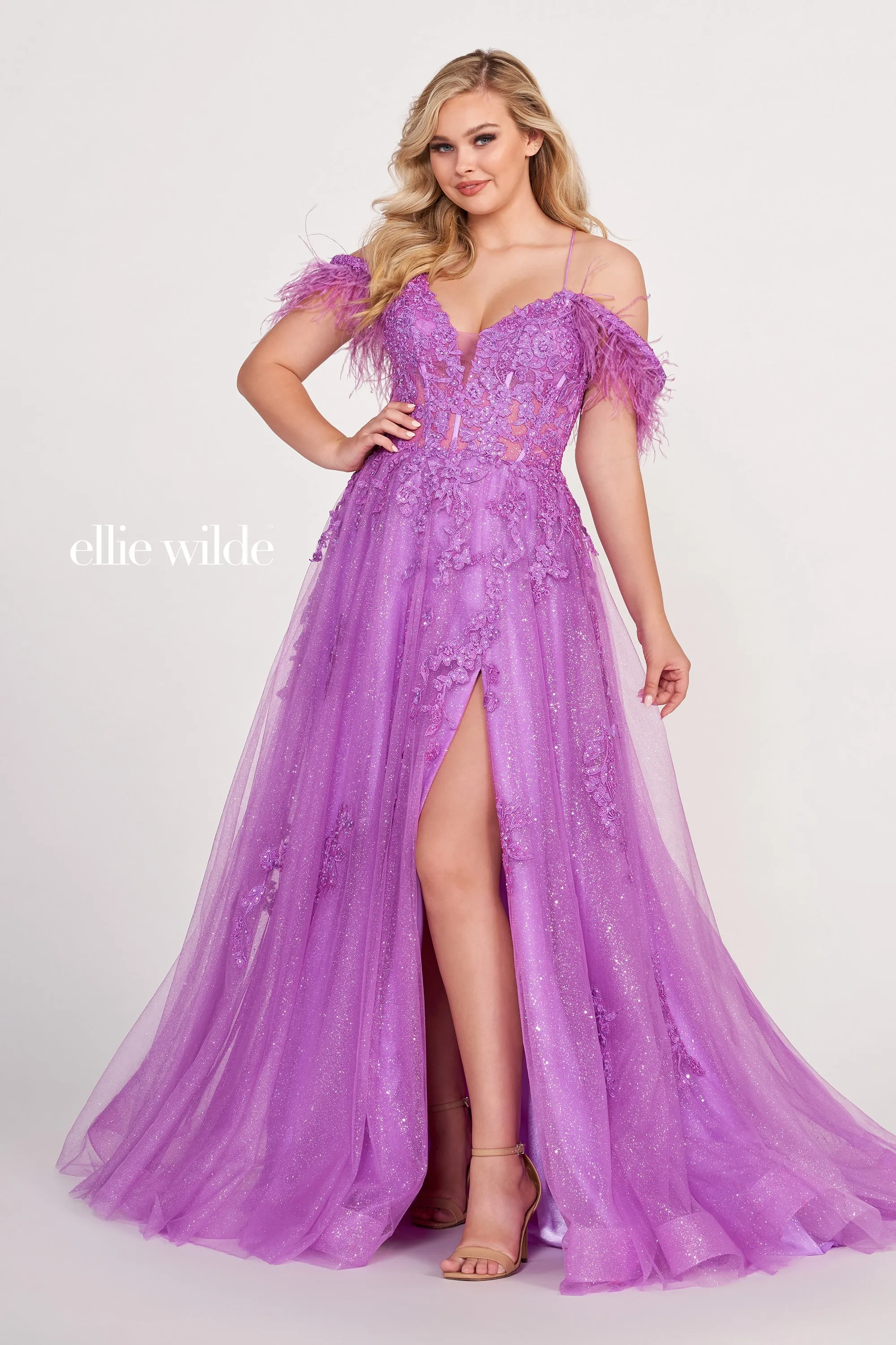Ellie Wilde EW34066 Size 2 Periwinkle Long A Line Slit Shimmer Dress Sheer Sequin Corset Feather off the shoulder Gown