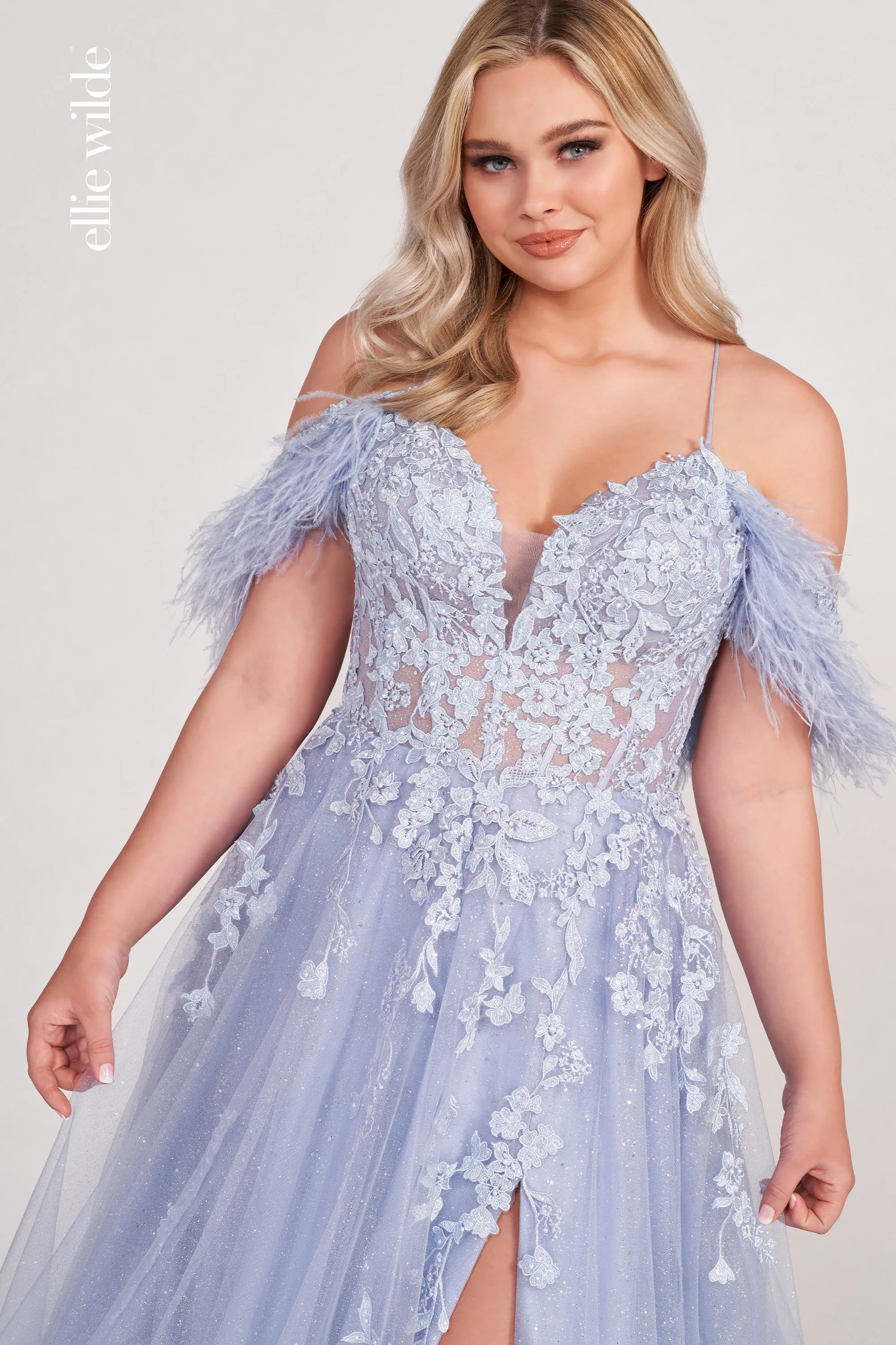 Ellie Wilde EW34066 Size 2 Periwinkle Long A Line Slit Shimmer Dress Sheer Sequin Corset Feather off the shoulder Gown