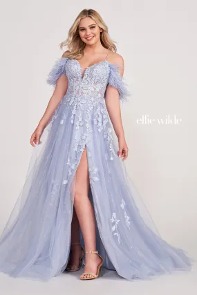 Ellie Wilde EW34066 Size 2 Periwinkle Long A Line Slit Shimmer Dress Sheer Sequin Corset Feather off the shoulder Gown