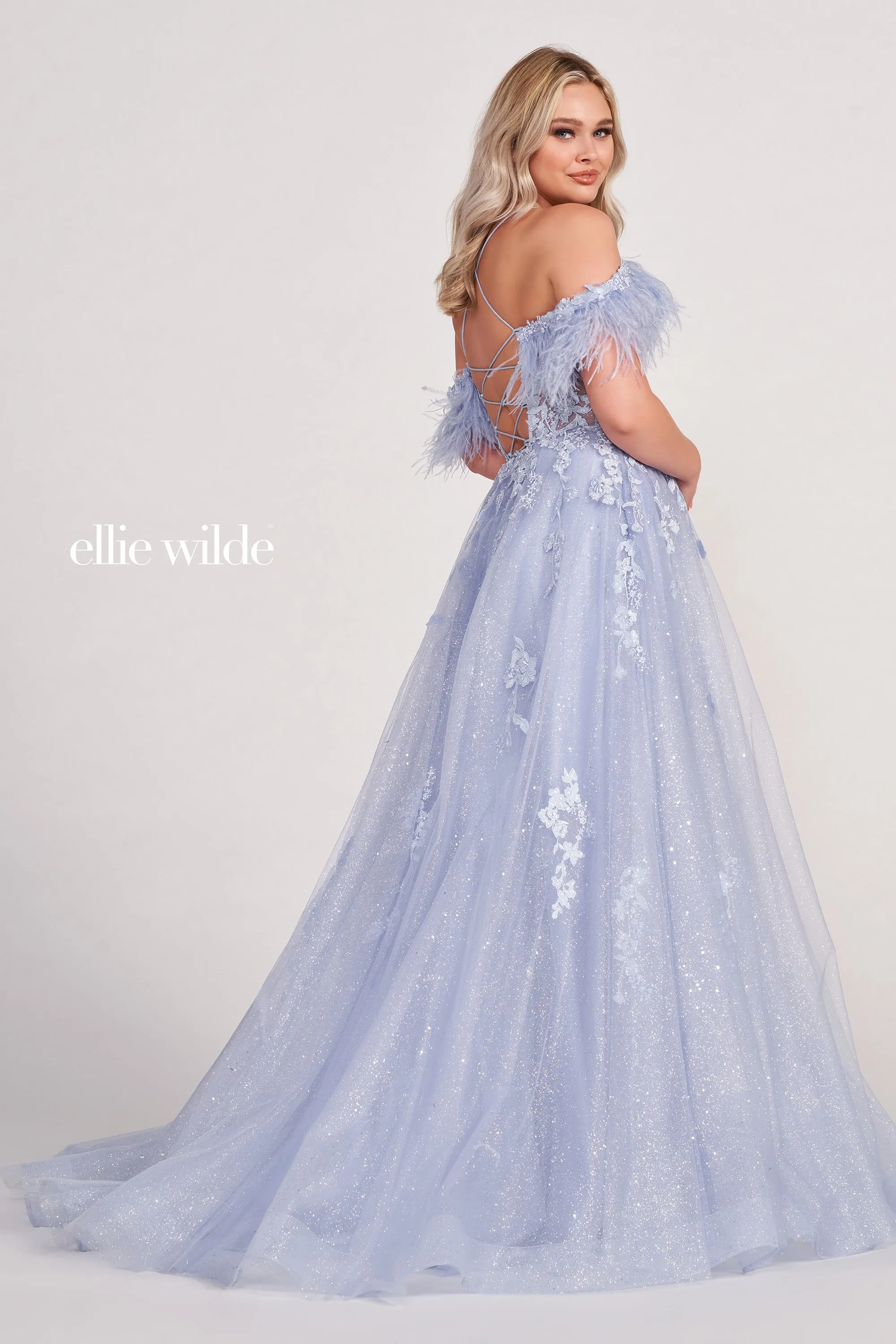 Ellie Wilde EW34066 Size 2 Periwinkle Long A Line Slit Shimmer Dress Sheer Sequin Corset Feather off the shoulder Gown