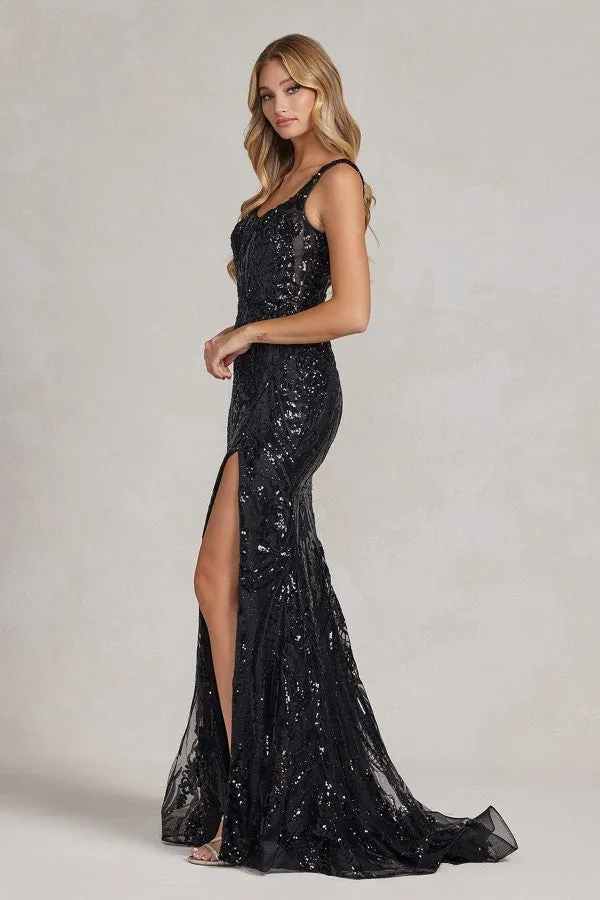 Embroidered Sequins Square Neck Side Slit Long Prom Dress NXC1103