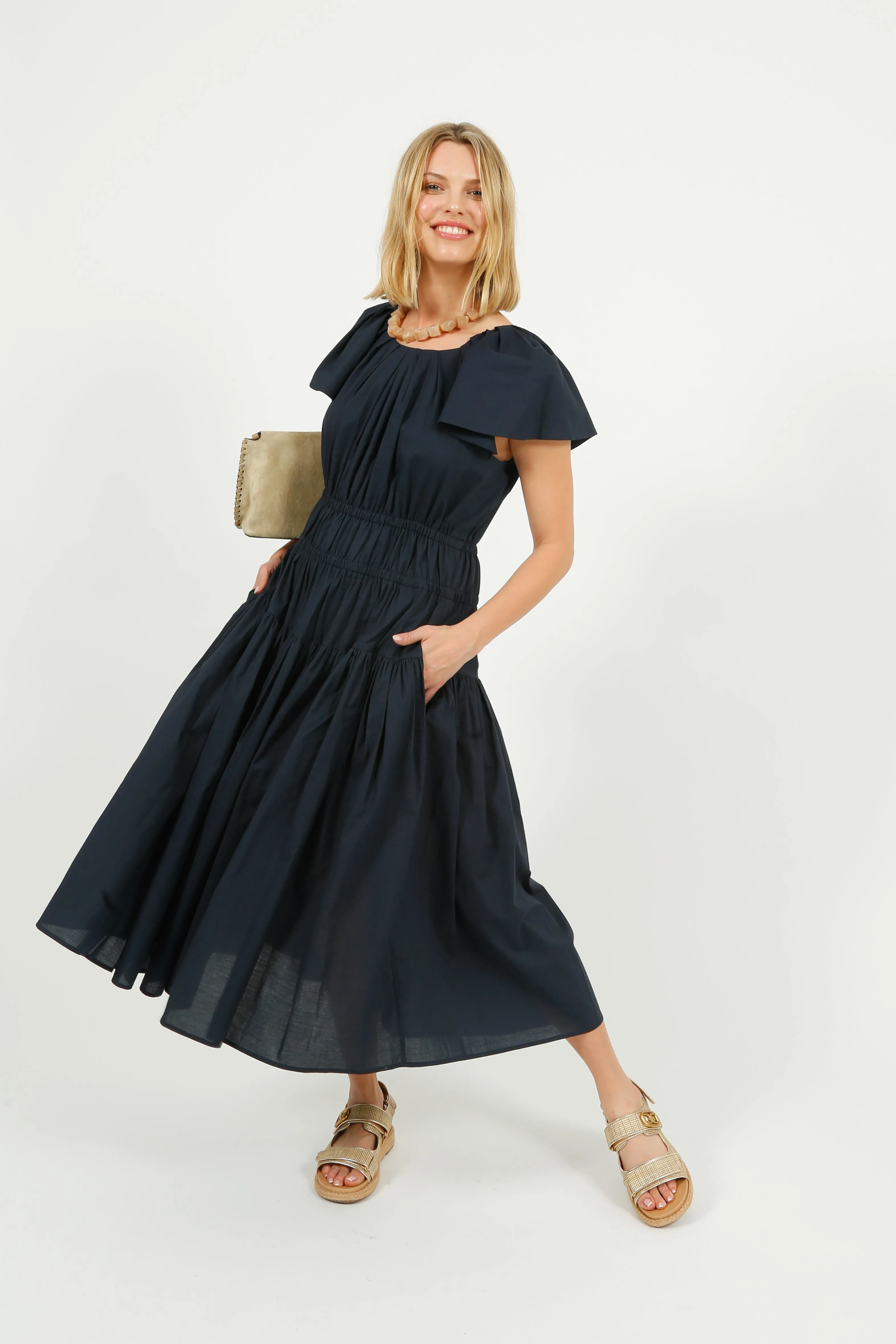 EP DR3405 Wide Shoulder Dress in Navy