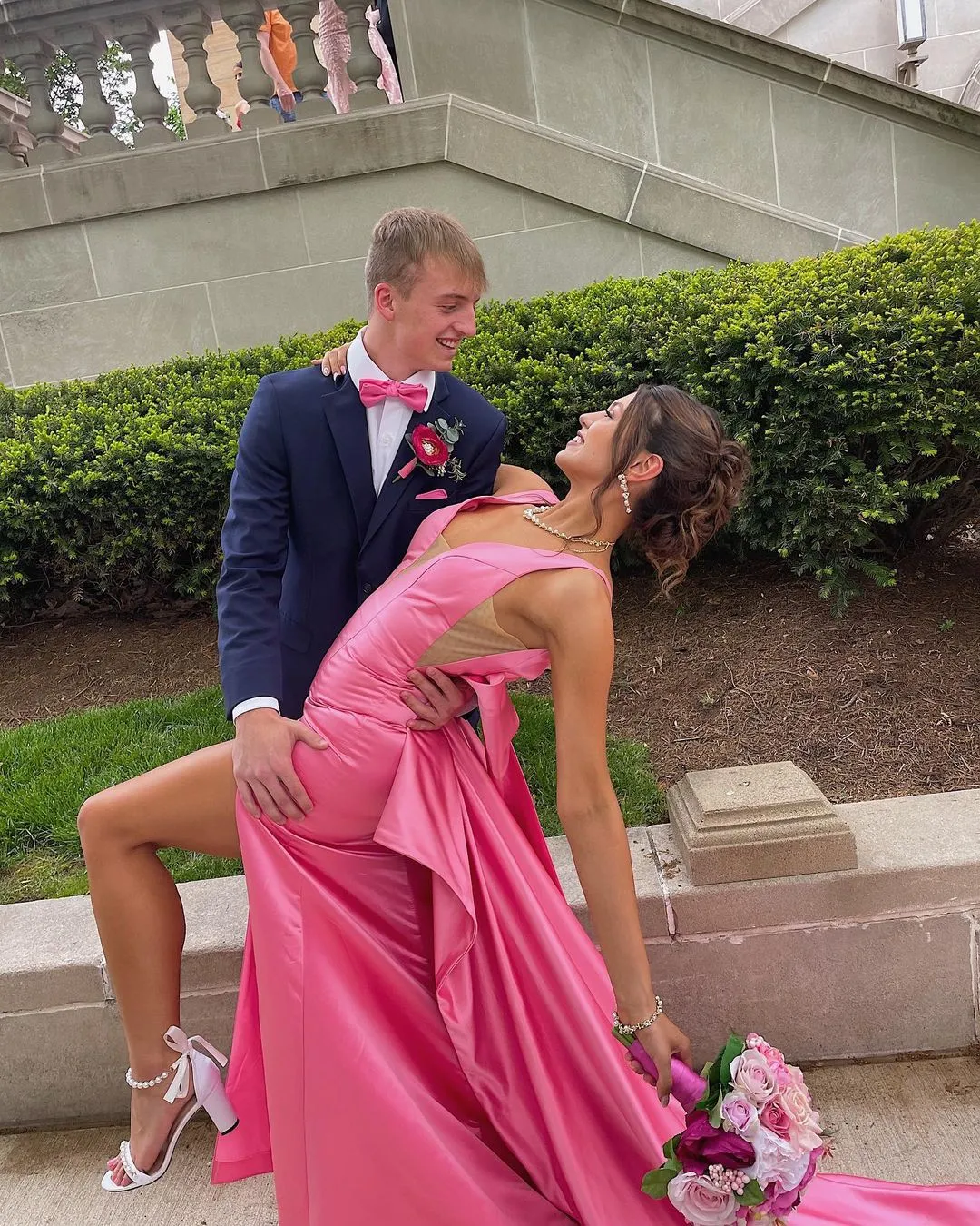 Esther | Cute Mermaid V Neck Pink Satin Long Prom Dresses with Big Bow