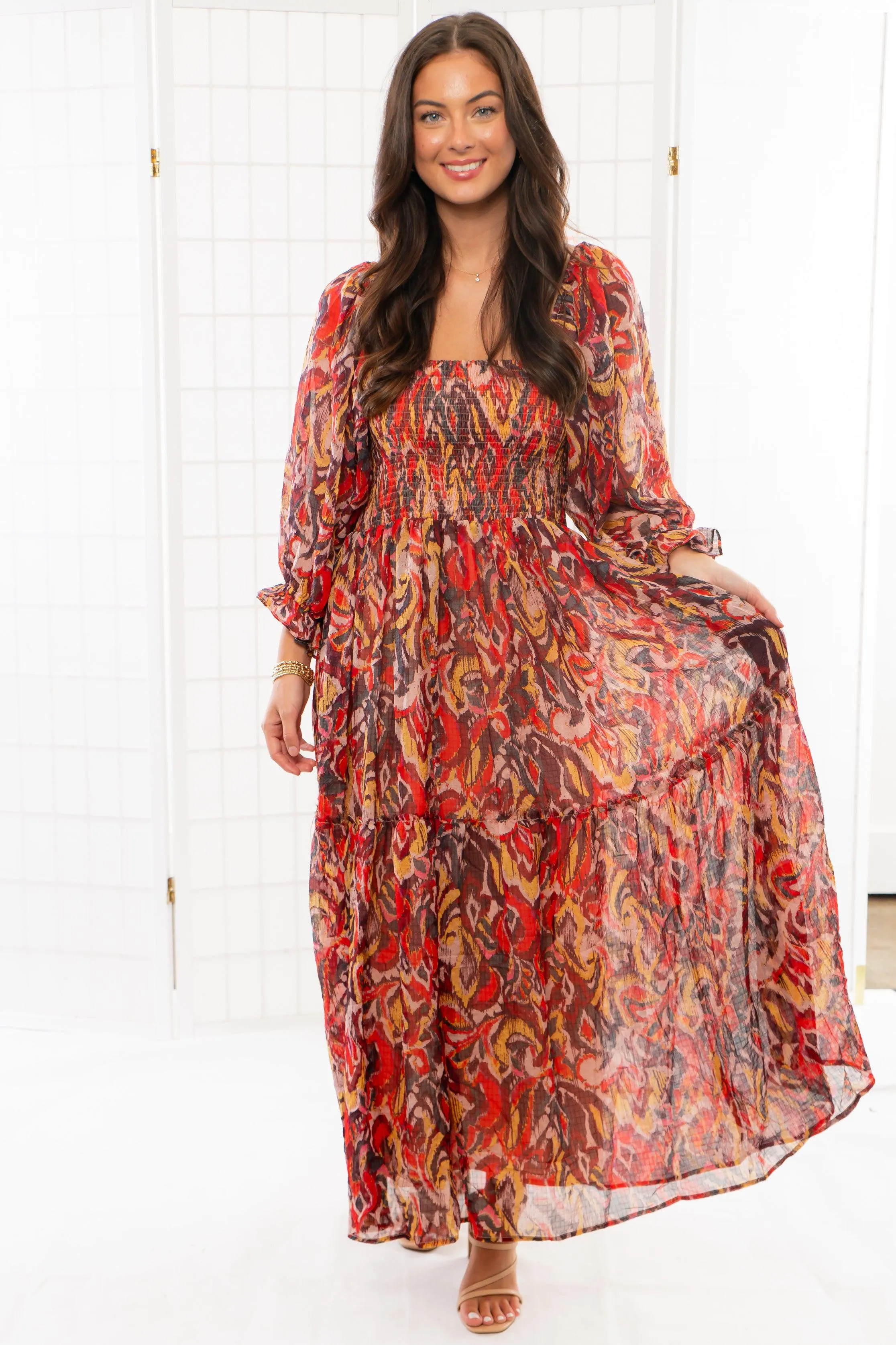 Fall Spice Crinkle Chiffon Smocked Midi Dress