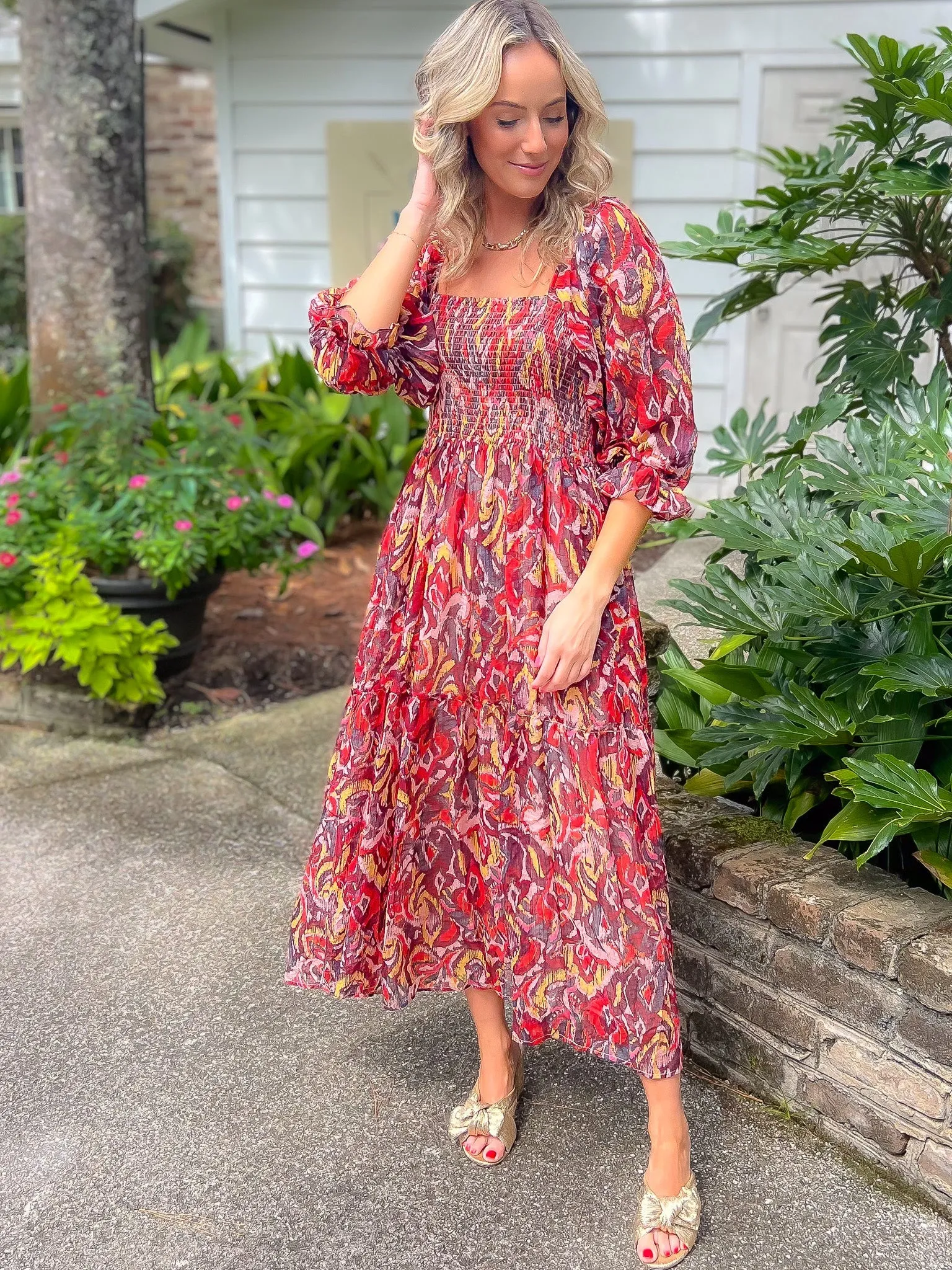 Fall Spice Crinkle Chiffon Smocked Midi Dress