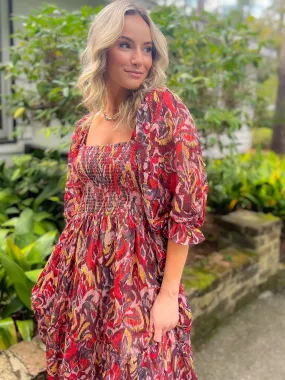 Fall Spice Crinkle Chiffon Smocked Midi Dress
