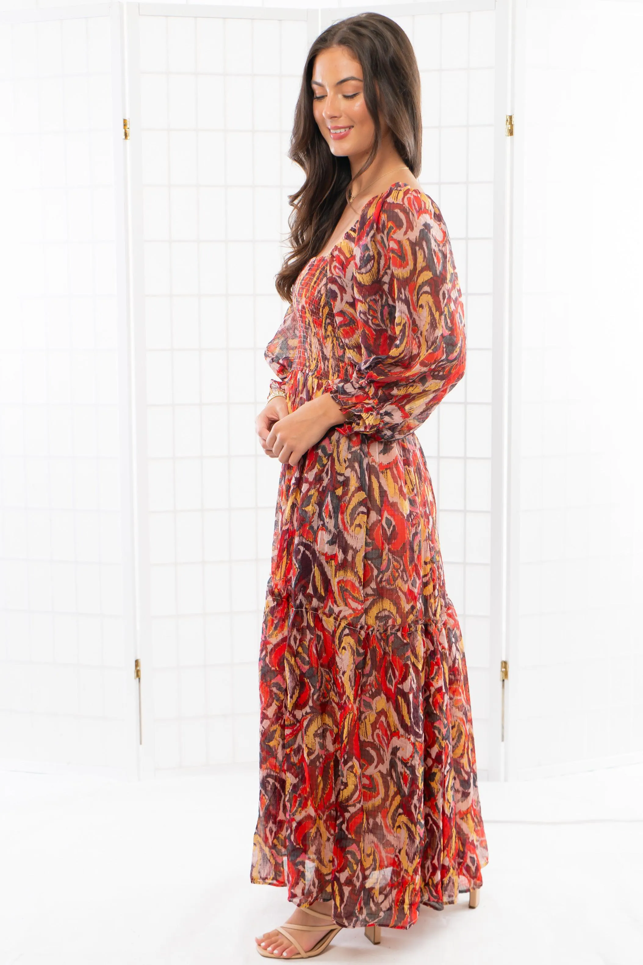 Fall Spice Crinkle Chiffon Smocked Midi Dress