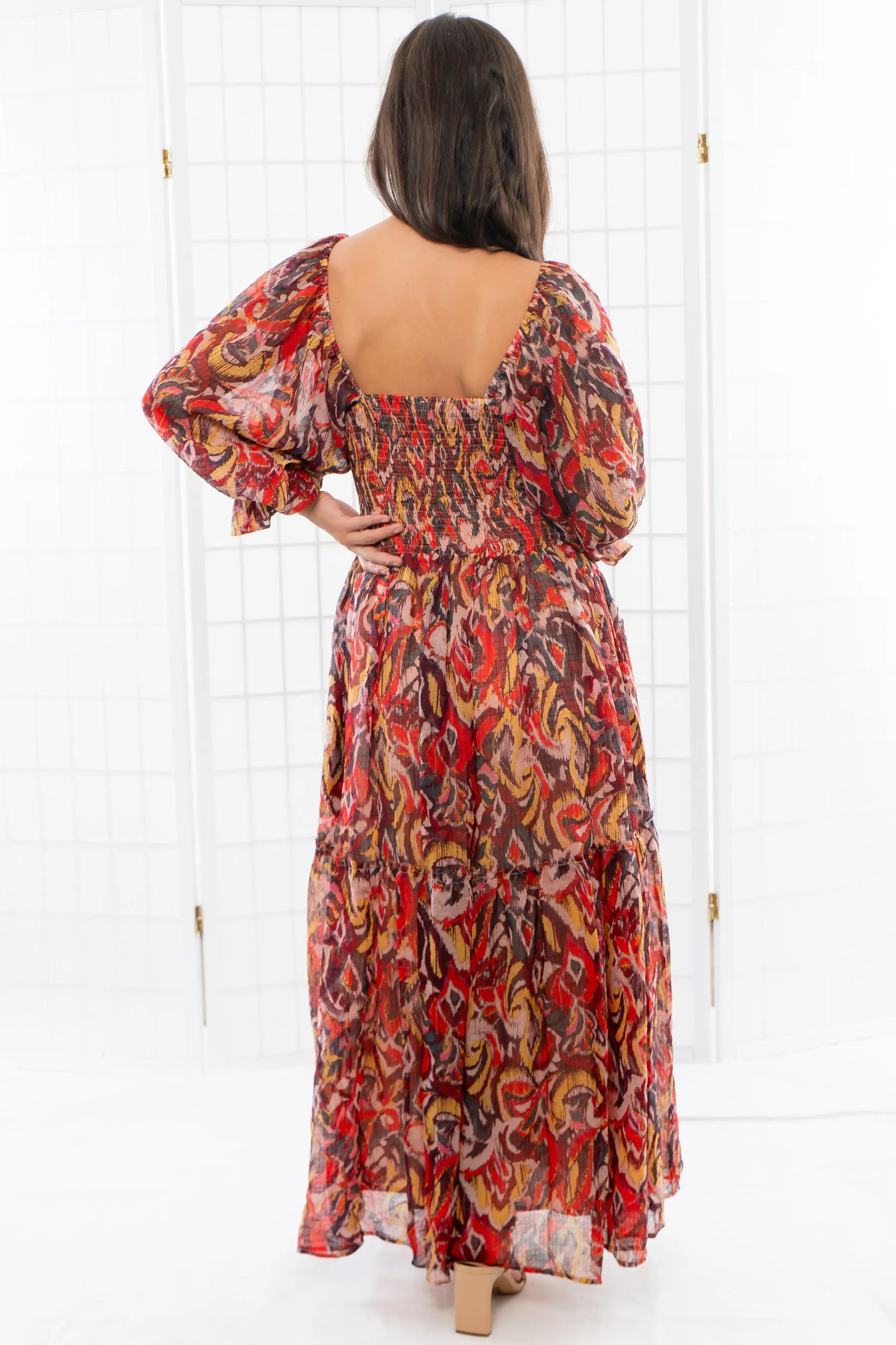 Fall Spice Crinkle Chiffon Smocked Midi Dress