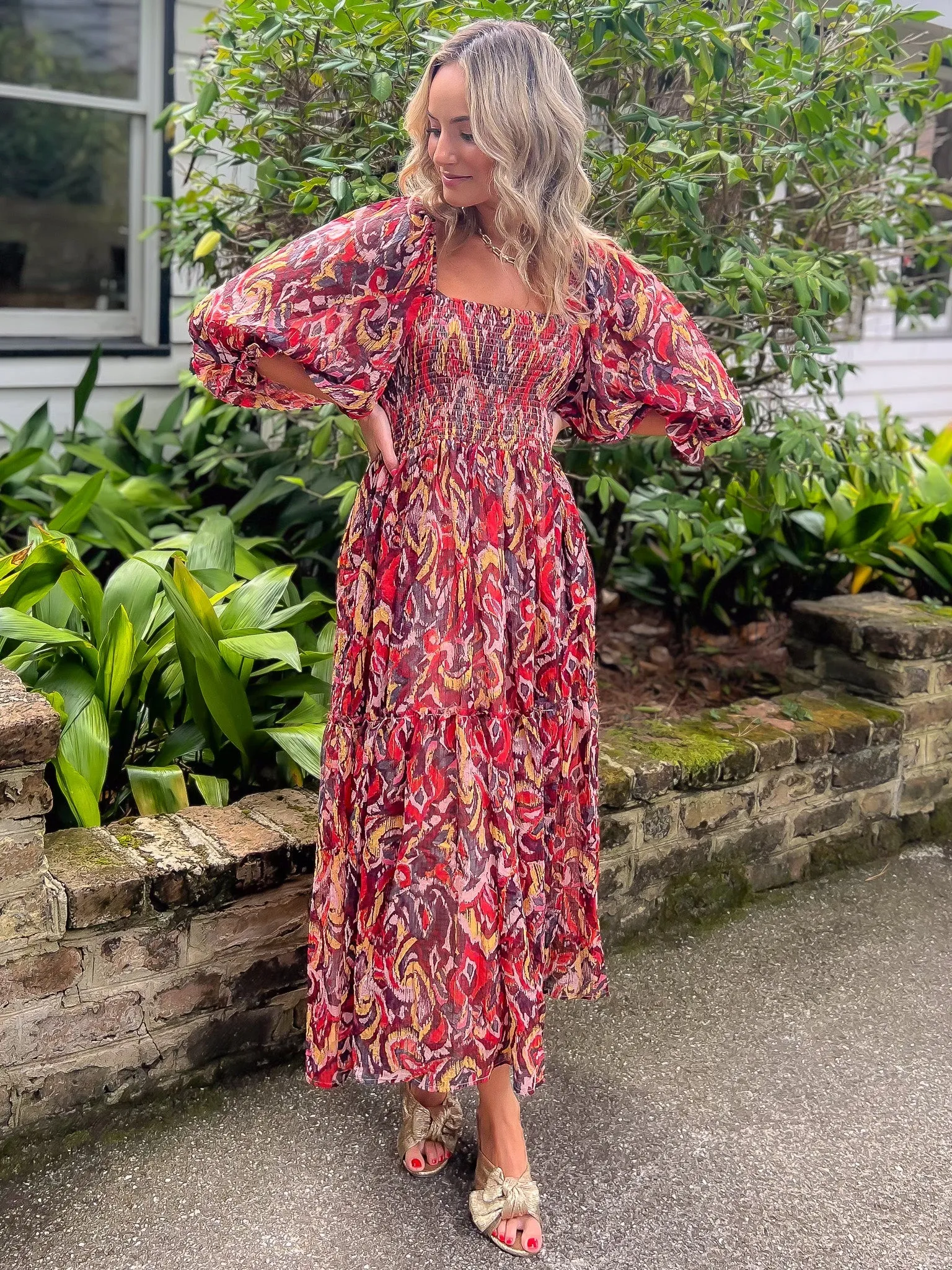 Fall Spice Crinkle Chiffon Smocked Midi Dress