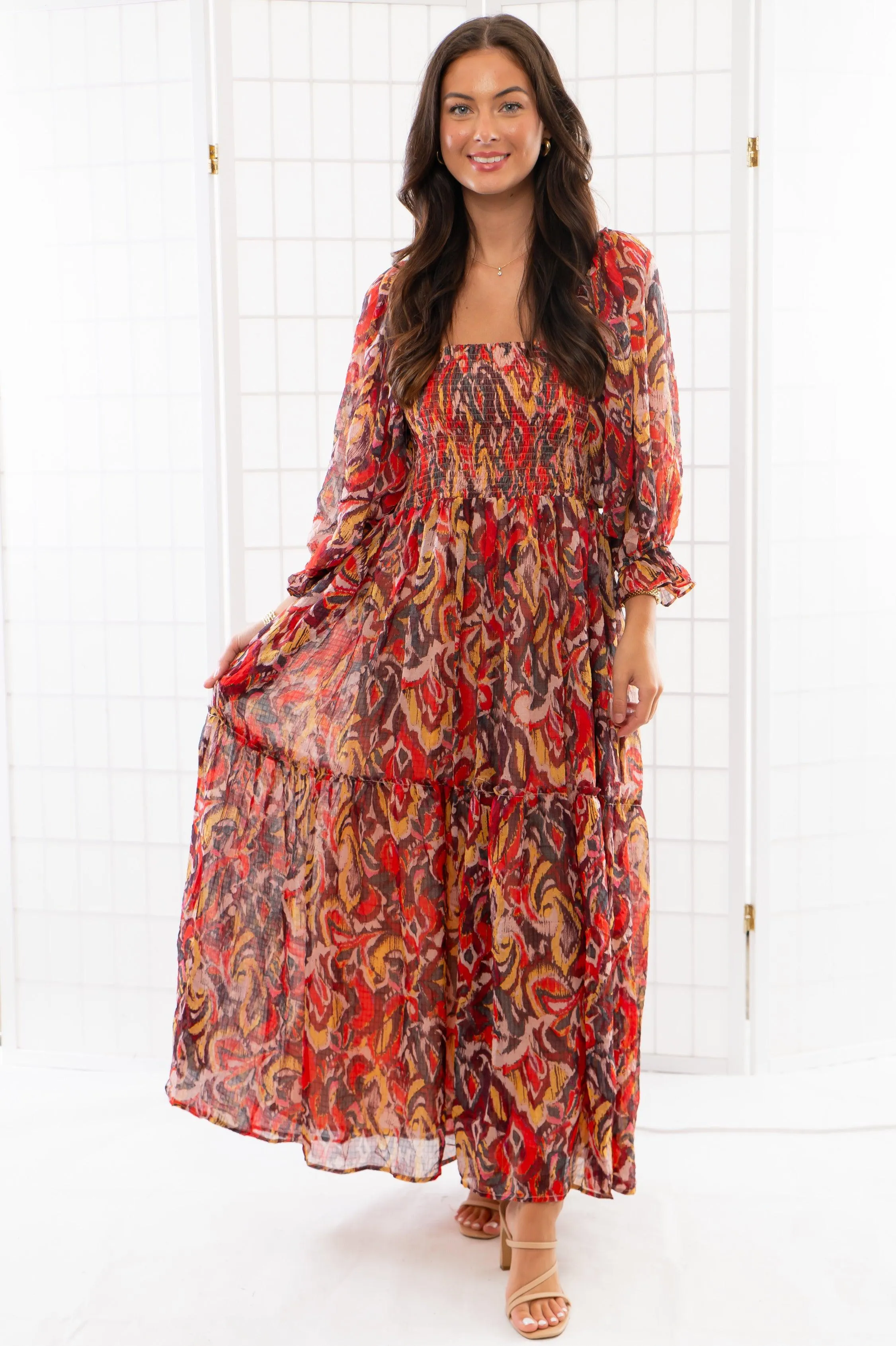 Fall Spice Crinkle Chiffon Smocked Midi Dress