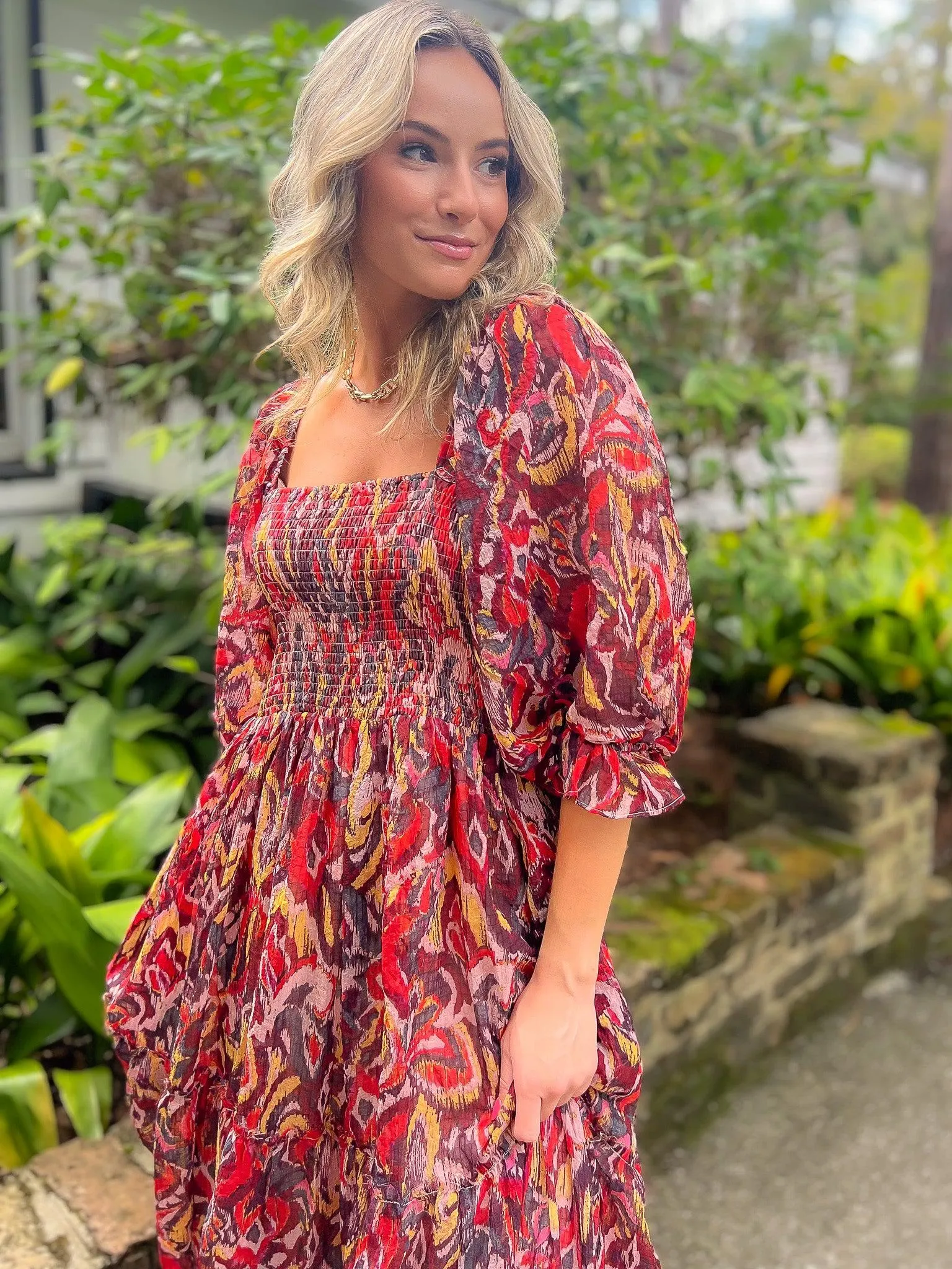 Fall Spice Crinkle Chiffon Smocked Midi Dress