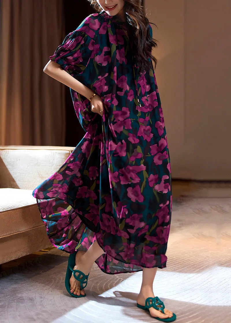 FLYTONN- Loose Purple Print Ruffled Lace Up Chiffon Long Dresses Summer OP1088