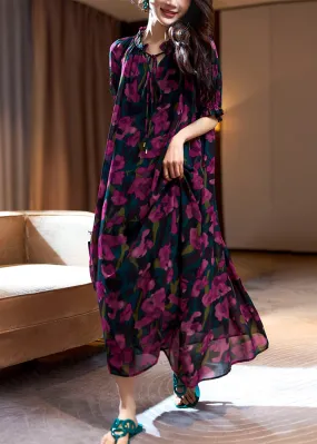 FLYTONN- Loose Purple Print Ruffled Lace Up Chiffon Long Dresses Summer OP1088