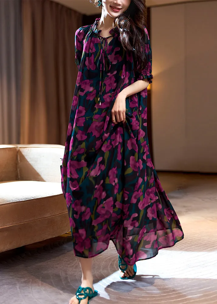 FLYTONN- Loose Purple Print Ruffled Lace Up Chiffon Long Dresses Summer OP1088