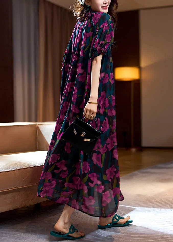 FLYTONN- Loose Purple Print Ruffled Lace Up Chiffon Long Dresses Summer OP1088