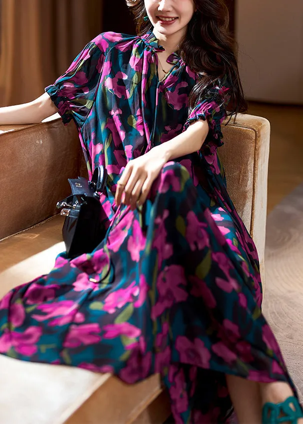 FLYTONN- Loose Purple Print Ruffled Lace Up Chiffon Long Dresses Summer OP1088