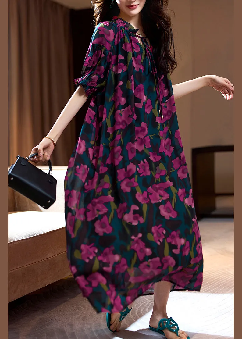 FLYTONN- Loose Purple Print Ruffled Lace Up Chiffon Long Dresses Summer OP1088