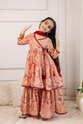 Girls' Festive Printed Angrakha Kurta & Sharara with Dupatta