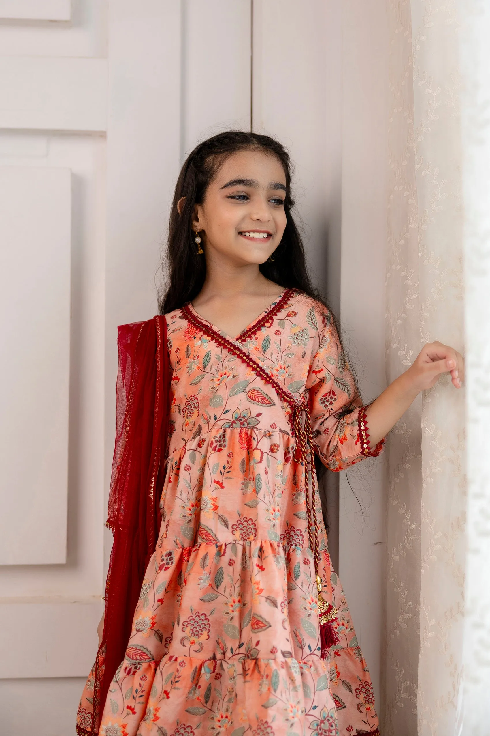 Girls' Festive Printed Angrakha Kurta & Sharara with Dupatta