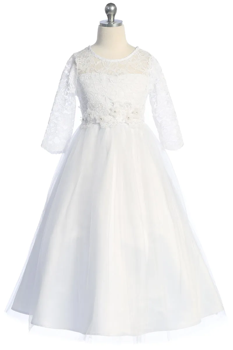 Girls Floral Waist Lace and Tulle Flower Girl Dress 4-16