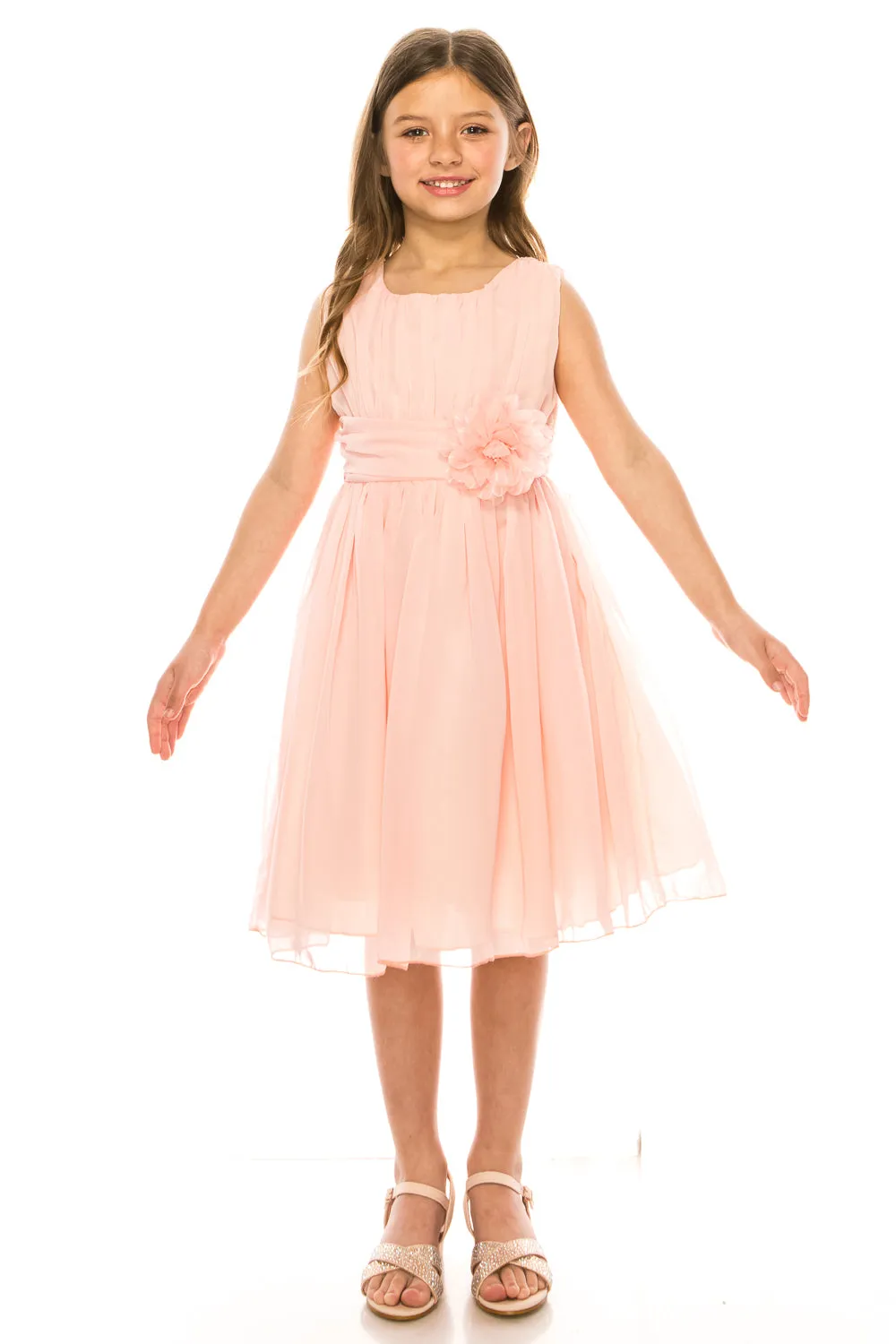 Girls Flower Waist Chiffon Flower Girl Dress 2-14
