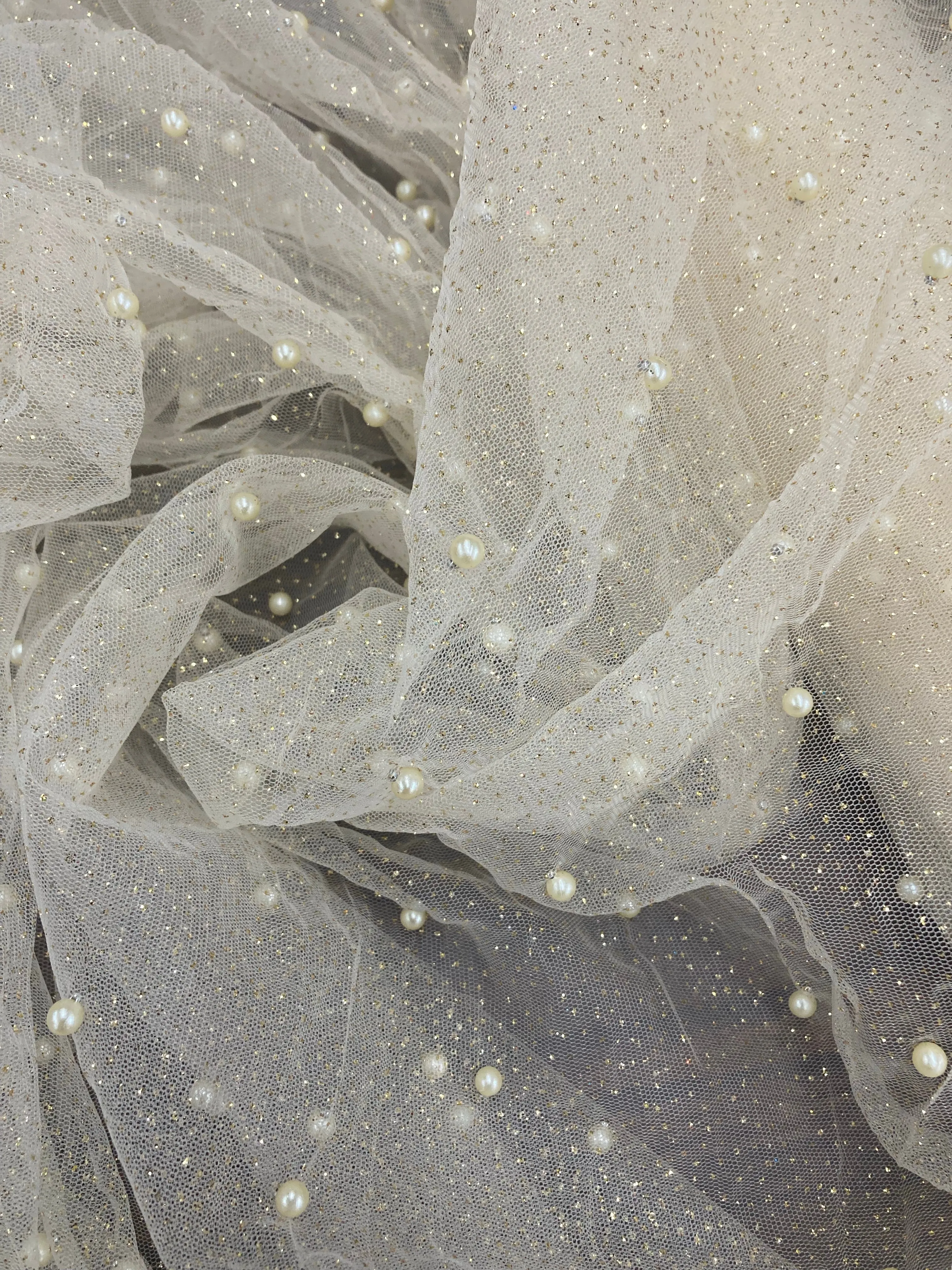Glitter Mesh Fabric with Scattered Pearls 2-Way Stretch | Lace USA -  Net Pearls