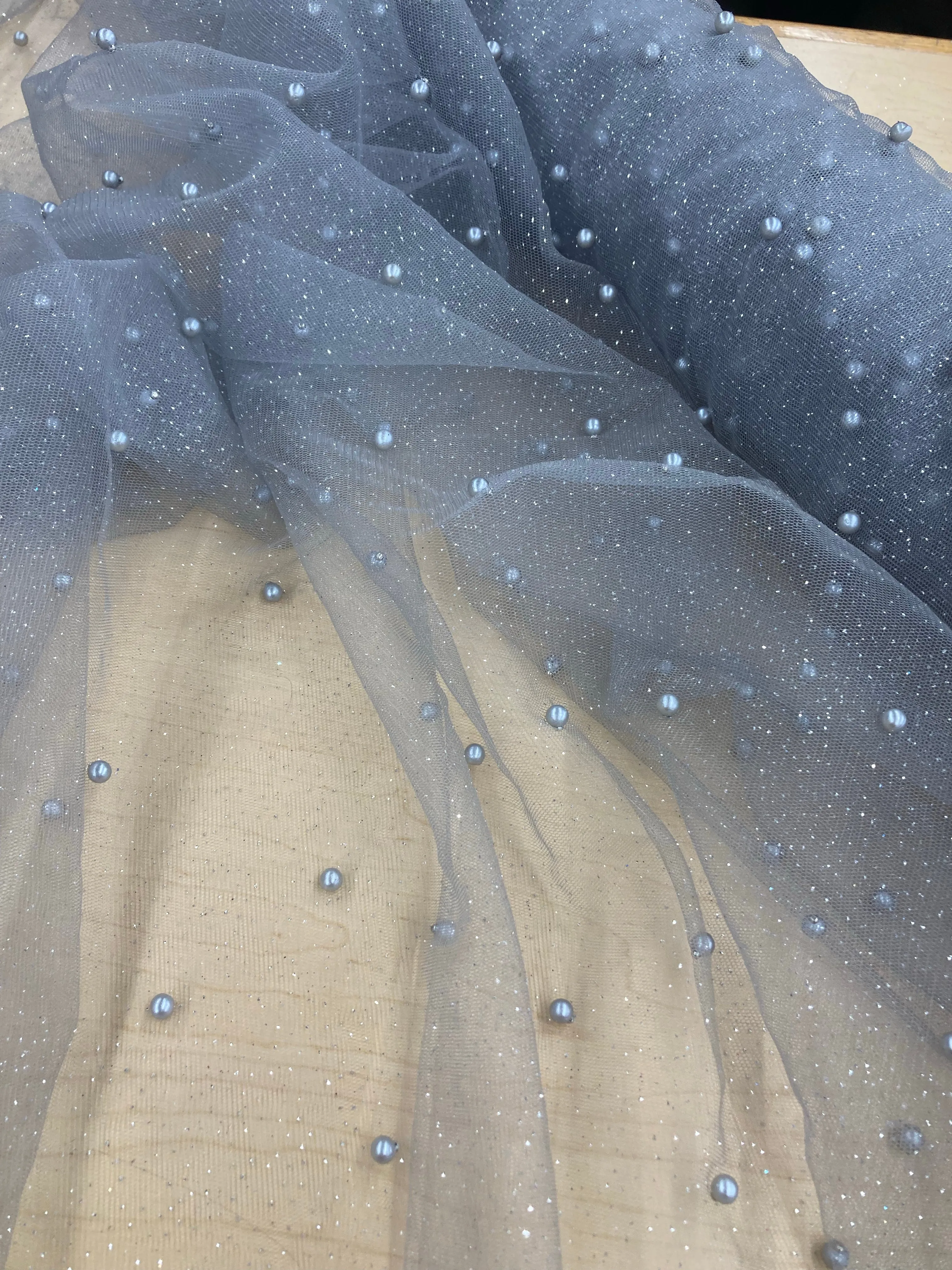 Glitter Mesh Fabric with Scattered Pearls 2-Way Stretch | Lace USA -  Net Pearls
